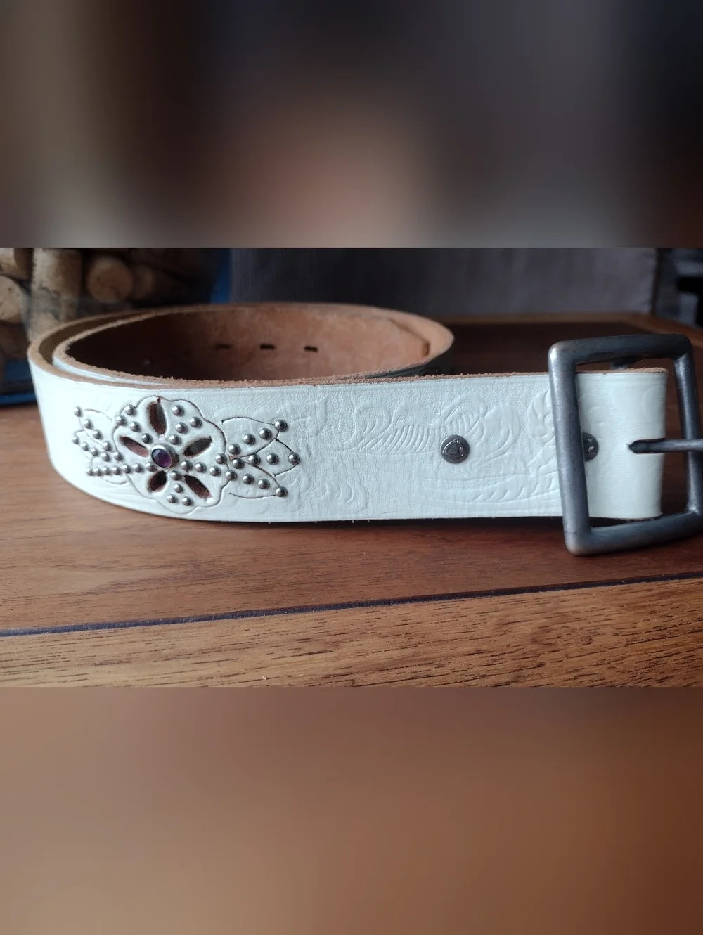 Hollywood Trading Company Cream Tooled Leather Belt with Floral Stud  Detail
